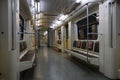 Moscow - October 2, 2020. Interior of a Moscow metro train without passenger. Interior view. Royalty Free Stock Photo