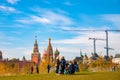 Moscow - October 13, 2018: Scenic panorama Zaryadye Park overlooking St Basil Cathedral and Kremlin, Russia autumn Royalty Free Stock Photo