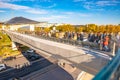 Moscow - October 13, 2018: Scenic panorama Zaryadye Park suspension bridge overlooking St Basil Cathedral and Kremlin Royalty Free Stock Photo