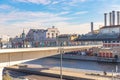 Moscow - October 13, 2018: Scenic panorama Zaryadye Park suspension bridge overlooking St Basil Cathedral and Kremlin Royalty Free Stock Photo