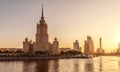 Moscow old skyscraper of Radisson Royal Hotel Ukraine at sunset, Russia Royalty Free Stock Photo