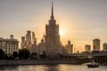 Moscow old skyscraper of Radisson Royal Hotel Ukraine at sunset, Russia Royalty Free Stock Photo