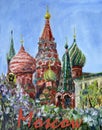 Moscow Orthodox Intercession Cathedral on Red Square, St. Basil's Cathedral, oil painting Royalty Free Stock Photo