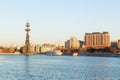 Moscow panorama, river, pleasure boat, statue, hotel, embankment