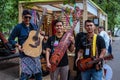 Moscow,Park on Krasnaya Presnya,August 05, 2018: three musicians from Indonesia with folk instrument