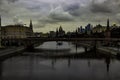 Moscow, Park Zaryadye / View at Bolshoy Moskvoretsky bridge and Moscow river: Moscow skyline.