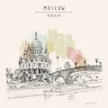 Vector Moscow postcard. Christ the Savior Cathedral and the Patriarchal bridge in Moscow, Russia. Artistic travel sketch. Vintage