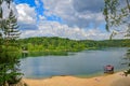 Forest lake beach in Lytkarino town