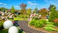 Landscape design at residential house. Beautiful landscaping in home garden. Panoramic view of nice landscaped garden in backyard Royalty Free Stock Photo