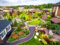 Landscape design at residential house taken from above. Beautiful landscaping in home garden in summer Royalty Free Stock Photo