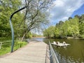 The Moscow region, the city of Balashikha. Pekhorka River in May in the area of the Pekhorka Forest Park, houses for ducks Royalty Free Stock Photo