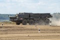 Combat vehicle 9A52-2 MLRS `Smerch` at the training ground Royalty Free Stock Photo