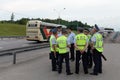 Inspectors of the road police patrol service hold a short meeting at the in-patient post.