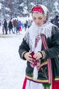 Moscow Region, Russia - February 18, 2018: Celebration of Russian Shrovetide. Young woman in traditional russian clothes