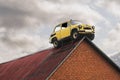 Moscow region, Russia - July 15, 2019: Vintage soviet car on a roof of a garage