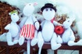 Moscow region / Russia - 01 06 2019: Moomin family of trolls in the winter. Moomintroll dolls in the new year. A fabulous family