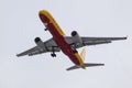 Moscow region, Russia - November 2, 2019: Close up view of yellow cargo airplane Tupolev Tu-204C DHL RA-64024 landing at