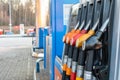 21-11-2019, Moscow region, Russia. A rack with pumps with different types of gasoline and diesel fuel. Fuel self-service petrol
