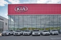 Moscow Region, Russia - September 2021: Building of KIA MOTORS car selling and service center. KIA logo on car showroom