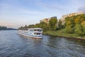 Comfortable double-deck ship is sailing on the river