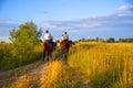 A group of girls on horses gallops through the meadows with their backs to the camera.