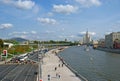 Moscow river and Moskvoretskaya Embankment in sunny summer day