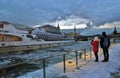 A cruise yacht sails on the Moscow river. Color winter photo. Royalty Free Stock Photo