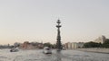 Moscow river waterfront overlooking the monument to Peter the Great on sunset sky background. Action. Ship sailing along Royalty Free Stock Photo