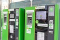 Moscow, Russia - October 19, 2019: Green parking payment terminal, device on a city street for digital pay