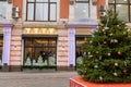 Moscow Russi - December 18, 2019: Festive facade of Bolshoy Cafe on Kusnetsky most street. Christmas decoration