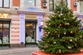 Moscow Russi - December 18, 2019: Festive facade of Bolshoy Cafe on Kusnetsky most street. Christmas decoration