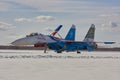 Moscow, RUSSIA Aerobatic team `Russian knights` aircraft SU-30 Royalty Free Stock Photo