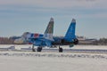 MOSCOW, RUSSIA Aerobatic team `Russian knights` aircraft SU-30 Royalty Free Stock Photo