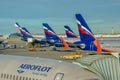 MOSCOW, RUSSIA - 02.11.2017: Aeroflot Russian airlines airplane parked at Moscow Sheremetyevo airport tail fin panoramic close up