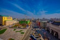 MOSCOW, RUSSIA- APRIL, 24, 2018: Above view of streets with traffic and gorgeous panoramic view of International Royalty Free Stock Photo