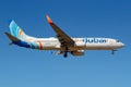Moscow, Russia - April 03, 2019: Aircraft Boeing 737-8KNWL A6-FEV of Flydubai airline going to landing against blue sky at