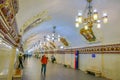 MOSCOW, RUSSIA- APRIL, 29, 2018: Beautiful indoor view of people in Kievskaya Metro Station in Moscow. It is on the