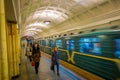 MOSCOW, RUSSIA- APRIL, 24, 2018: Blurred people walking in underground train departs from the Metro Akademicheskaya Royalty Free Stock Photo