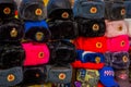 MOSCOW, RUSSIA- APRIL, 24, 2018: Blurred view of assorted Russian winter hats made from rabbit fur, located in a store