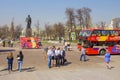 MOSCOW, RUSSIA-APRIL 19. Bus sightseeing tours on Bolotnaya Square in Moscow April 19, 2014. starting point bus, river and