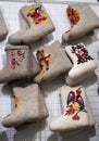 Moscow, Russia - April 12, 2023. Children's felt boots. National Russian winter shoes made of wool