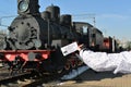 Moscow, Russia - April 1.2017. Childs hand keeps a discount ticket in Museum of History of Railway Transport Development