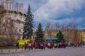 MOSCOW, RUSSIA- APRIL, 29, 2018: Crowd of people in front of old military ancient cannons. Collection incorporates