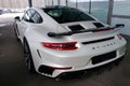 Moscow, Russia - April 29, 2019: Exclusive white matte Porsche 911 turbo in exclusive wide and carbon body kit named Stinger from