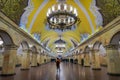 MOSCOW, RUSSIA- APRIL, 29, 2018: Inside view of metro station Komsomolskaya at night, subway is a great example of the