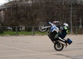 Inspectors of traffic police conduct training on extreme driving on official police motorcycles.