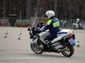 Inspectors of traffic police workout skills of extreme driving on official police motorcycles.