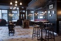 Moscow, Russia - April 04, 2012: Interior of Irish pub, dark colors, in day, no visitors, staff. Restaurant business concept,