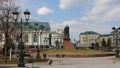 Manege building and monument to Patriarch Hermogenes view from the Alexander Garden in Moscow