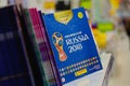 MOSCOW, RUSSIA - APRIL 27, 2018: Official album for stickers dedicated to the FIFA World Cup RUSSIA 2018 on store shelf. Royalty Free Stock Photo